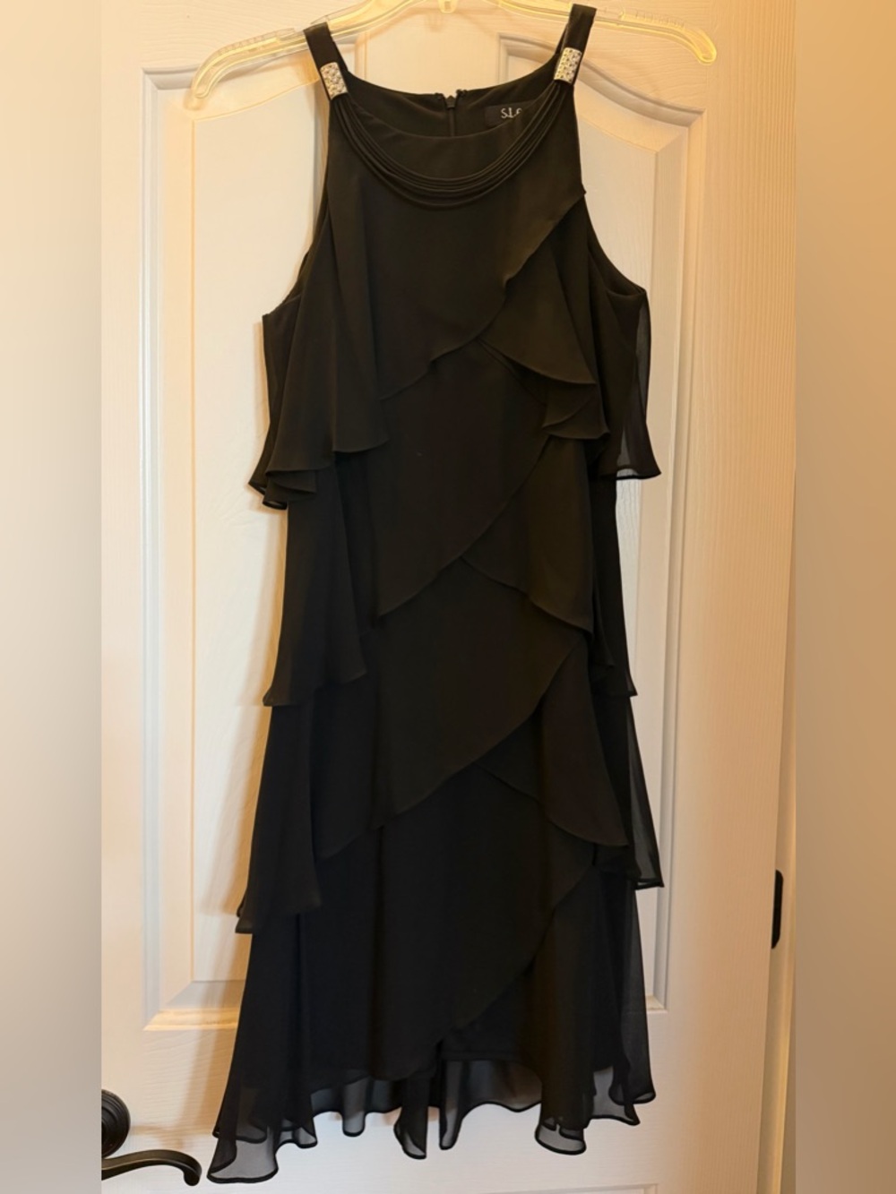 S.L. Fashions Black Asymmetrical Ruffle Cocktail Dress